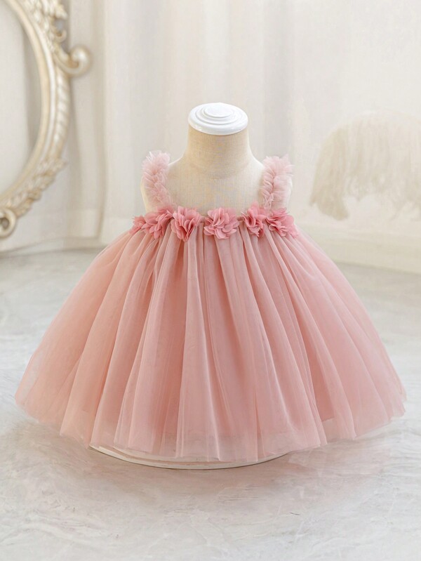 Baby Girls Flower Decor Strappy Mesh Overlay Party Princess Dress, Elegant Outfit For Baby's First Birthday, Wedding, Holiday Celebration