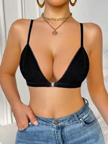 Women's Front-Closure Floral Lace Edge Ribbed Double Layer Sexy Racerback Lightweight Bra - Black - View 3