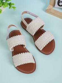 1 Pair Beige Plus Size Girls' Flat Sandals, Solid Color Fabric Double Strap, Hook And Loop Closure, Round Toe Open Toe, Non-Slip Comfortable Fashion Parent-Child Sandals, Suitable For 3-15 Years Old Boys And Girls, Casual, Party, Holiday, Spring/Summer 2025 - Beige - View 3