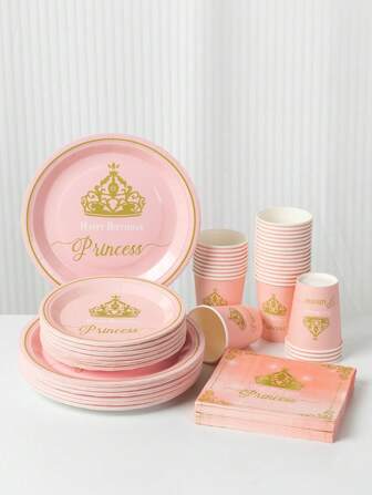 100pcs Set Pink Princess Crown Pattern Disposable Tableware Kit For 20 Guests, Include Disposable Square Napkins, Plates, Cups For Party, Birthday, Event