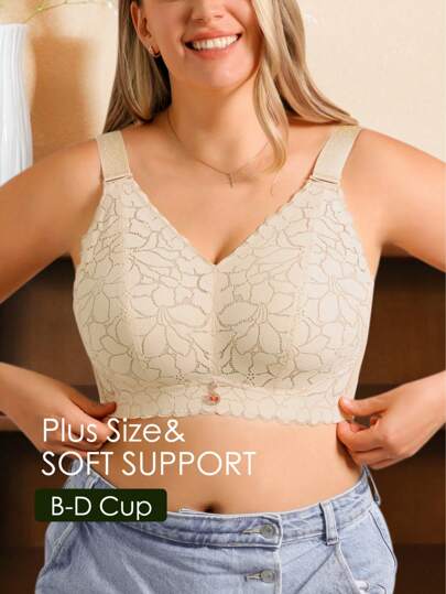 Plus Size Women's French Romantic Lace Sexy Lingerie, Thin Shapewear Underwire-Free Push-Up Bra Supports Lift And Prevent Sagging, For Spring/Summer