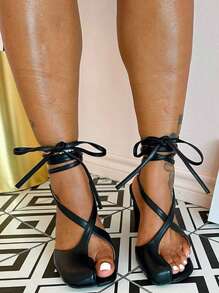 时尚女士夏季交叉系带高跟罗马凉鞋配黑色踝带性感露趾方头细高跟鞋系带高跟凉鞋 - 黑色 - 查看 1