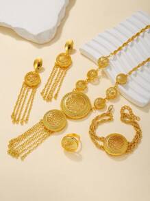 5pcs/Set Fashion Gold Plated Jewelry Set, Round Flower Cutout Yellow Gold Necklace Bracelet Earrings Ring, Suitable For Women's Holiday Wear, Wedding Jewelry