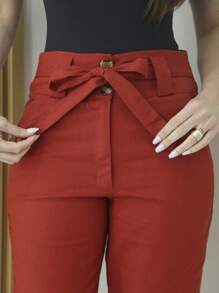 Linen Pants With High Waist Belt - 亮橙色 - 查看 3