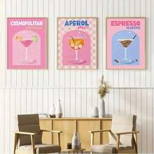 3pcs Set Preppy Aesthetic Cocktail Canvas Prints, Colorful Cocktail Wall Art Posters, Frameless Decor For Living Room, Bedroom, Bathroom, Office, Corridor, Kitchen Gifts Birthday Graduation