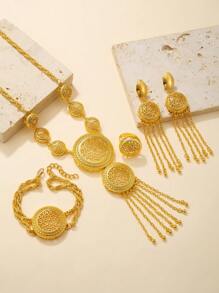 5pcs/Set Fashion Gold Plated Jewelry Set, Round Flower Cutout Yellow Gold Necklace Bracelet Earrings Ring, Suitable For Women's Holiday Wear, Wedding Jewelry