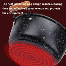 3 pièces Set de batterie de cuisine en fonte avec pierre de Maifan anti-adhésive - comprend une poêle à frire, une casserole et une marmite à soupe avec des poignées en bois - Cuisson sans huile pour la maison et le restaurant, compatible avec les cuisinières à gaz et à induction