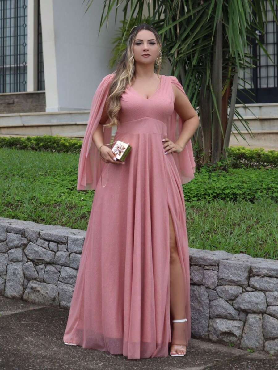 Women's Long Dress Slit Shiny Short Sleeve Cape Tulle V Neck Fashion Party Prom Elegant Plus Size - 乾枯玫瑰色 - 查看 1