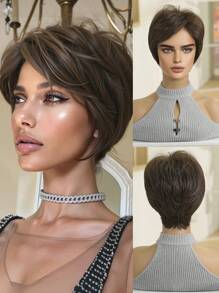 8英寸棕色短直刘海合成假发：外观自然，耐热，适合派对、角色扮演和日常佩戴