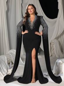 Curve Plus Elegant V-Neck Evening Gown With Beaded Long Sleeves, High Slit & Mermaid Hem – Perfect For Galas, Red Carpet Events, Weddings, Upscale Parties, Formal Occasions
