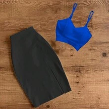 Conjunto falda y top tirantes corte ajustado abertura femenina moderno - azul real - Ver 2