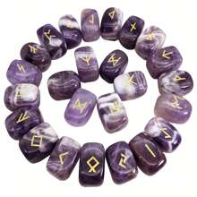 Natural Amethyst Futhark Viking Rune Stone Set, Engraved Letter Norse Witchcraft Healing Crystal Reiki Gemstones Irregular Shaped, 25Pcs