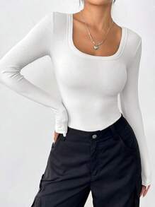 QGEMANWU Long Sleeve Shirts For Women Fall Outfits Knit Tops Scoop Neck Slim Fit Basic Tee - 白色 - 查看 1