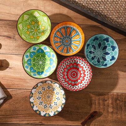 6 件 4.72 英寸釉面陶瓷碗套装，波西米亚风格陶瓷碗，麦片碗，汤碗，甜点碗，沙拉碗，饭碗，适用于洗碗机/烤箱/微波炉，多功能厨房和餐厅用具，学校用品