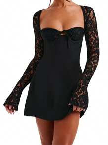 Women Lace Mini Dress Y2K Low-Cut Tie Up Lace Sheer Long Sleeve Backless Party Short Cami Dresses - màu đen - Xem 4