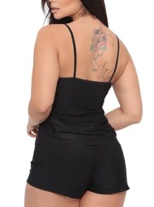 Summer Pajamas | Plain Garter Shorts | Strappy | Baby Doll Set | Short Fit - Black and White - View 2