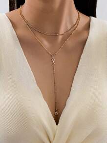 1pc Stylish Minimalist Metal Double-Layer Y-Shaped Tassel Necklace For Women, Suitable For Daily Wear, Party And Events