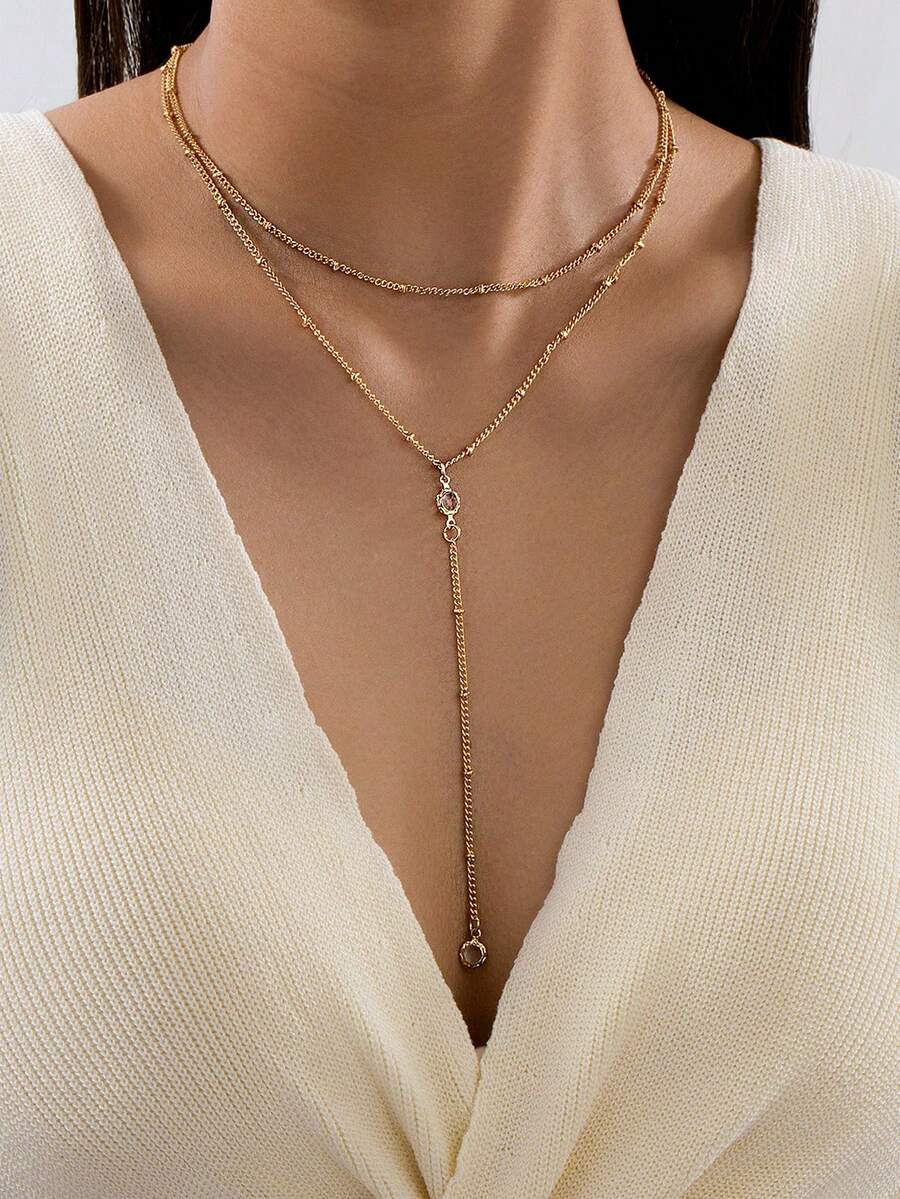 1pc Stylish Minimalist Metal Double-Layer Y-Shaped Tassel Necklace For Women, Suitable For Daily Wear, Party And Events