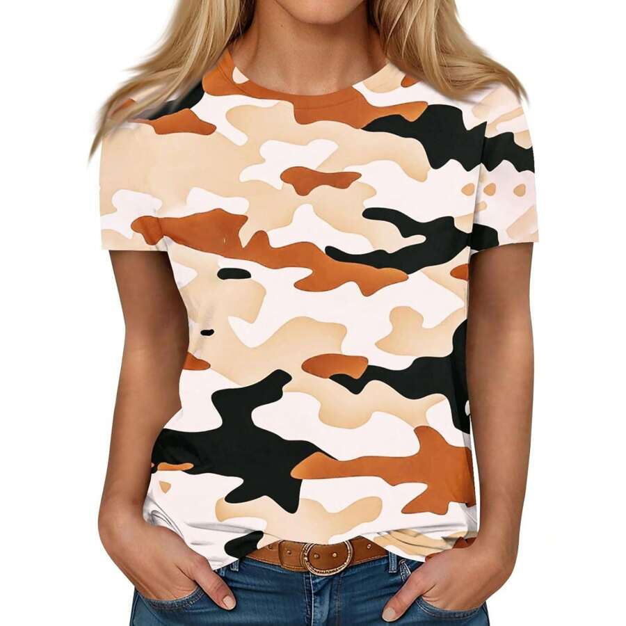 Funny T-Shirts Women's T-Shirts Trendg Camouflage Printed Graphic Tee Summer Plus Size Loose Fit Crew Neck Short Sleeve Shirt Oversized T-Shirt Comfort Colots T-Shirts Graphic Casual Couple Gift Short Sleeve Tops