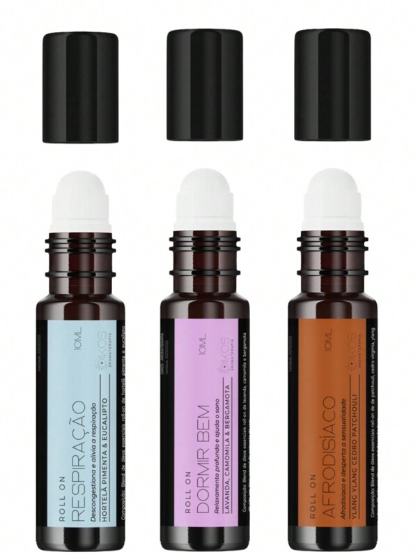 Kit 3 Blend Óleo Essencial Roll On 10 mL Os Mais Vendidos - Respiração + Dormir Bem + Afrodisíaco