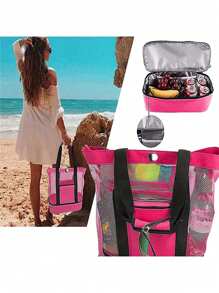 1 buc geantă de picnic pentru plajă, izolație pentru plajă și conservare a gheții (închidere cu fermoar, direcție aleatorie), geantă de picnic pentru plajă, conservare a căldurii, pentru femei, plasă transparentă, dublu strat, depozitare, capacitate mare, cumpărături, impermeabile, geantă de birou, prânz, gustări, geantă pentru școală, accesorii școlare, lucruri școlare