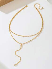 1pc Stylish Minimalist Metal Double-Layer Y-Shaped Tassel Necklace For Women, Suitable For Daily Wear, Party And Events