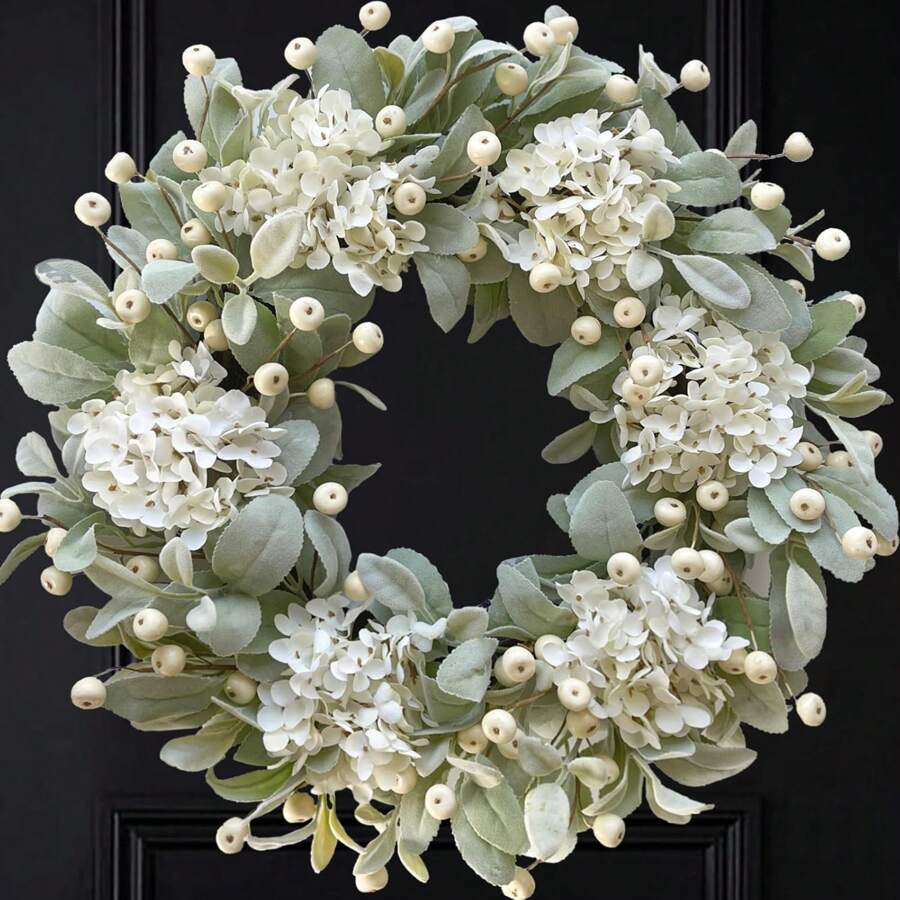 Artificial Door Wreath 22 Inch, Spring/Summer Wreath With Hydrangeas Lamb's Leaves Berries Welcome Board For Holiday Farmhouse Home Indoor Outdoor Wedding Party Wall Window Decor