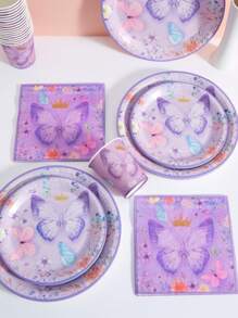 1 套 25 个紫色蝴蝶皇冠纸盘、餐巾和杯子，1 套 25 个粉色蝴蝶皇冠纸盘、餐巾和杯子，适合生日派对、家庭野餐的派对用品 - 彩色 - 查看 5