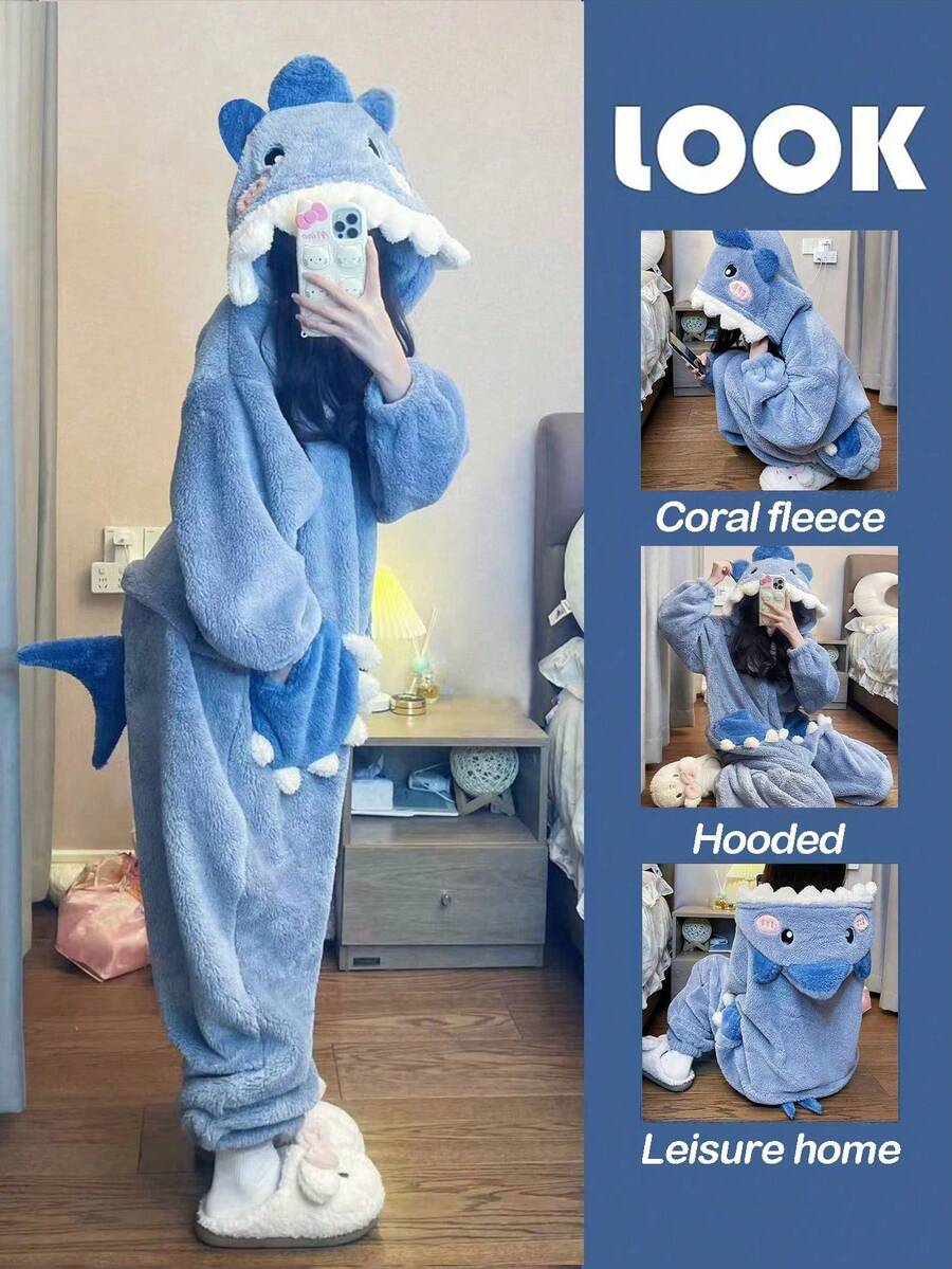 女士厚珊瑚绒卡通可爱宽松连帽睡袍家居连体裤，冬季