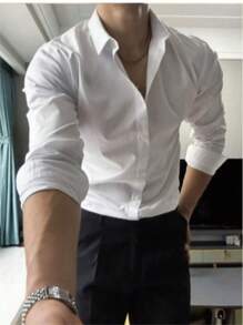 Men's Long Sleeve Plain Button Down Dress Shirt Comfortable Imported Dress Blouse - trắng - Xem 2