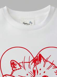 Nowa wiosenna prosta stylowa czerwona linia serca kota grafika dziewczęca bawełniana solidna bluza z kapturem z opadającymi ramionami, luźna bluza z okrągłym dekoltem z podszewką z polaru, luźna swobodna sportowa uliczna szkoła styl wygodny długi rękaw top, odzież dla dziewcząt w wieku nastoletnim