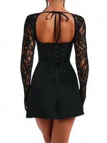 Women Lace Mini Dress Y2K Low-Cut Tie Up Lace Sheer Long Sleeve Backless Party Short Cami Dresses - màu đen - Xem 7