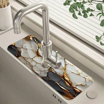 金色大理石厨房水槽水龙头防溅板，抽象艺术厨房水槽垫碗碟干燥垫防滑水龙头装饰垫适用于浴室和厨房