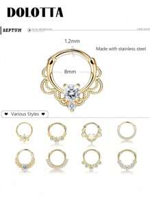 DOLOTTA 1 pieza Anillo de septum de 16G, Aretes de aro de Daith con ópalo, Anillos de nariz, Aretes de cartílago Helix Tragus con circonita cúbica de acero inoxidable 316L, Piercing de septum tipo clicker, Joyería para perforación - Dorado - Ver 2