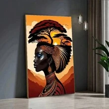 1 幅非洲风格抽象油画墙画 - 无框非洲女性肖像、充满活力的日落风景、珠宝、客厅、卧室装饰海报 - 无需电力，白色 - 彩色 - 查看 3