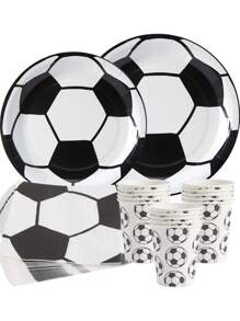 25-Piece White Soccer Disposable Tableware Set Including Plates, Napkins And Cups, Suitable For Birthday Parties, Family Picnics And Other Events