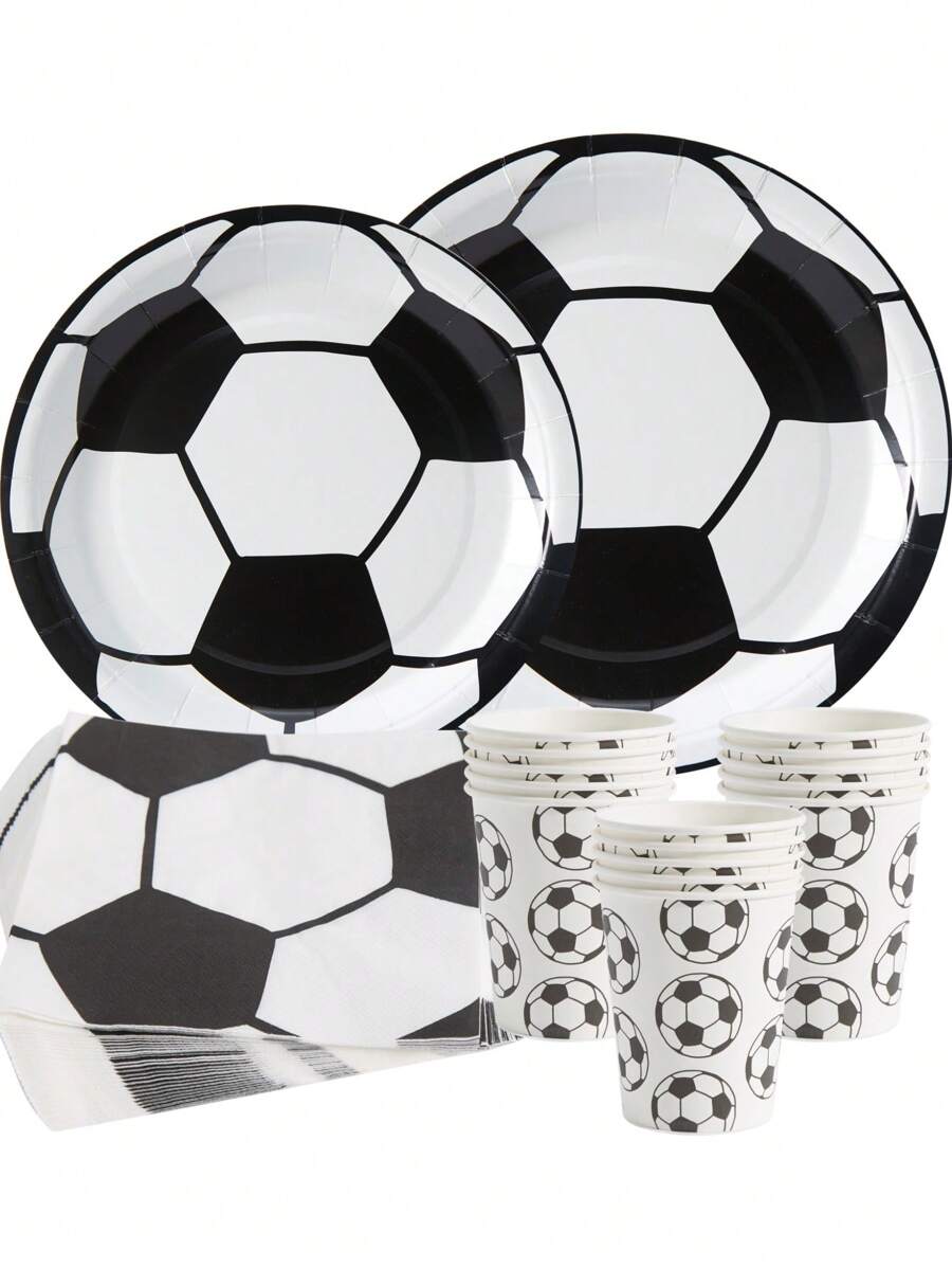 25-Piece White Soccer Disposable Tableware Set Including Plates, Napkins And Cups, Suitable For Birthday Parties, Family Picnics And Other Events