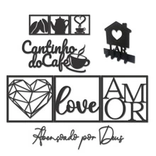 Complete Black MDF Decoration Set: 6 Decorative Plates + 2 Coffee And Love Corner Signs + Key Holder With 3M Tape - Black - View 3
