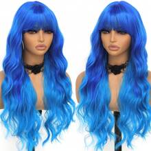 200% Density 26 Inch Blue Bangs Wave Wigs Light Blue Body Wave Heat Resistant Hair Wig For Women Light Blue Water Wave Synthetic Fiber Glueless Colored Hair Wig For Daily Party Cosplay Halloween 26 Inches - Màu xanh ombre - Xem 5