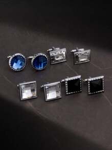 4 pares de gemelos de cristal con rhinestones en colores negro y azul, vienen en caja de regalo, adecuados para regalos de vacaciones - Negro - Ver 1