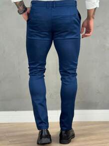 Men's Slim Casual Traditional FIT 4-Pocket Skinny Twill Pants - Navy Blue - View 3