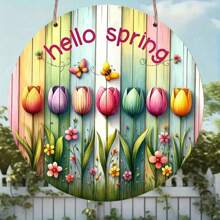 1pc Wooden Hanging Hello Spring Sign, Seasonal Wall Art Decor With Colorful Tulips And Butterflies, Suitable For Easter And Spring Celebrations Easter Decorations Easter Decor Party Gift Gifts Birthday Graduation