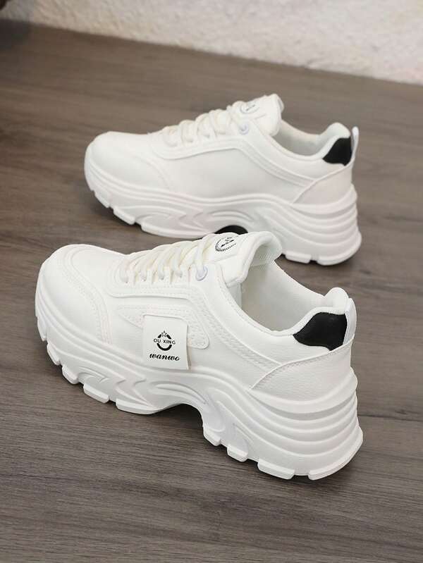 Women's Thick Sole Sneakers, 2025 New Lightweight Platform Shoes, Suitable For Sporty Look In Spring & Autumn, White Lace-Up Women Shoes