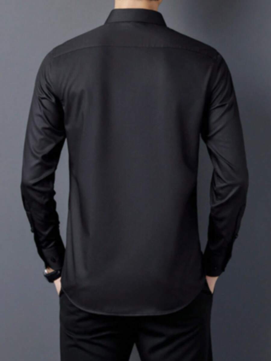 Men's Long Sleeve Plain Button Down Dress Shirt Comfortable Imported Dress Blouse - 黑色 - 查看 1