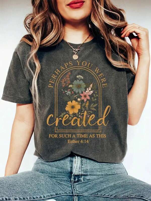 Fashionable CREATED Print Crew Neck T-Shirt For Women - Casual Short Sleeve Crew Neck Top For Sweetheart - Lightweight & Breathable For All Seasons, Polyester, 1 Piece, 180g