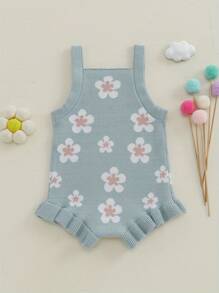 Baby Girls Knit Romper Spring Fall One Piece Knitted Jumper Jumpsuit Sleeveless Ruffle Trim Floral Print Bodysuit Top Summer Outfit