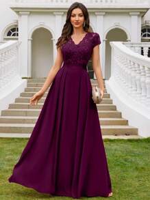 MIUSOL Vestido elegante de chifón para fiesta formal, boda o evento, con cuello en V de encaje floral, mangas cortas y bajo plisado