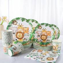 Green Rim Animal Print 7/9 Inch Disposable Dinnerware Set, Paper Plates Napkins Cups, Birthday Party Supplies Decorations, Disposable Paper Plates Napkins Cups Suitable For Party Decorations