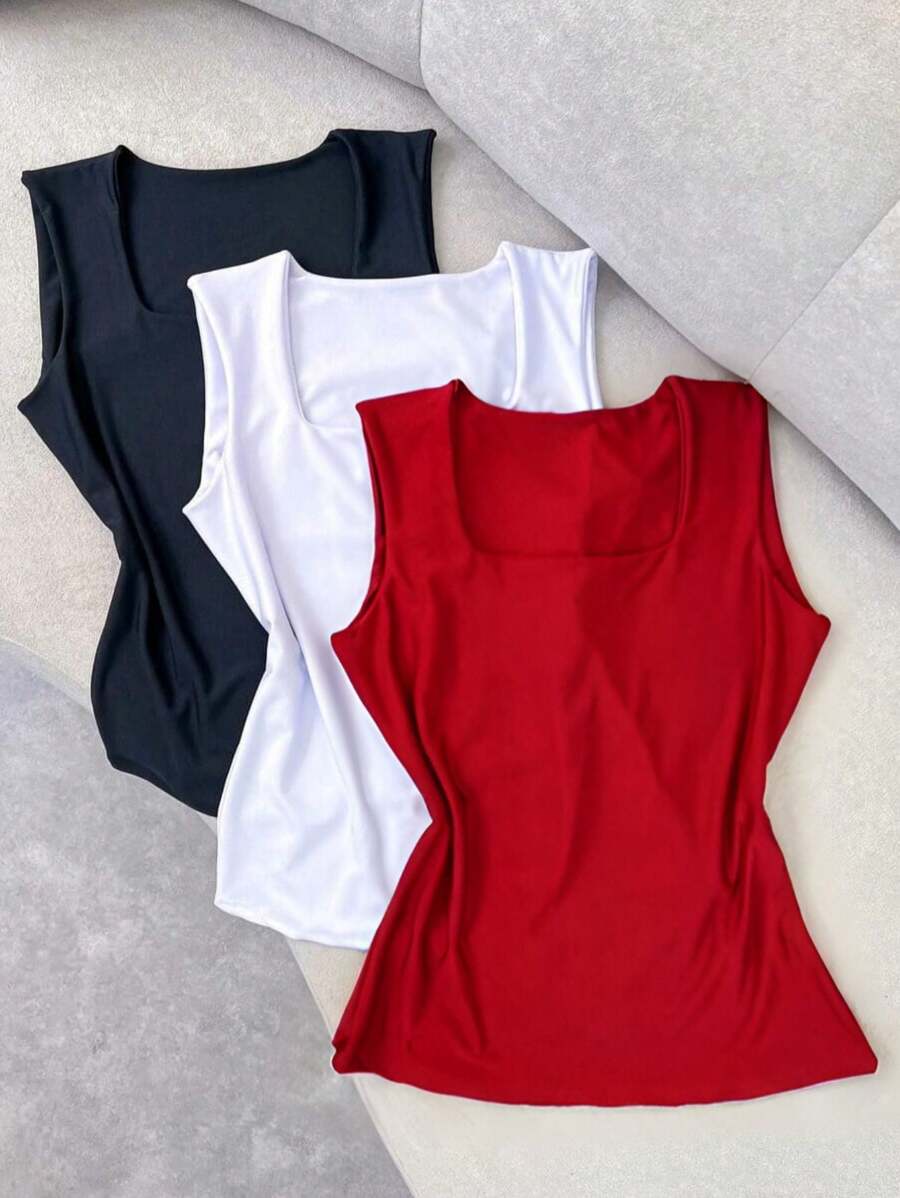 Kit Of 3 Women's Blouses With Square Neckline And Straight Suplex - Đỏ - Xem 1
