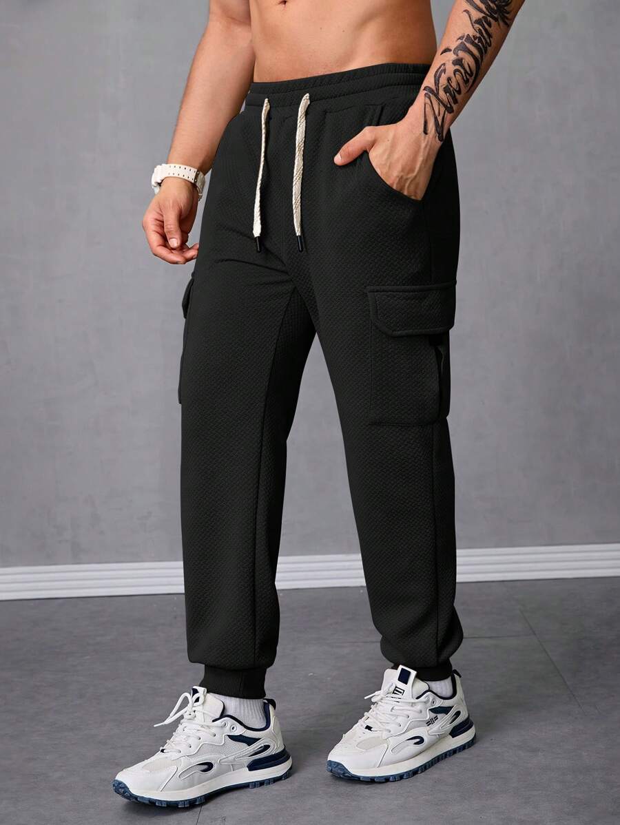Men's Loose Jacquard Texture Sweatpants, Drawstring Cargo Harem Pants With Big Pockets, Hip Hop Casual Streetwear - 黑色 - 查看 1